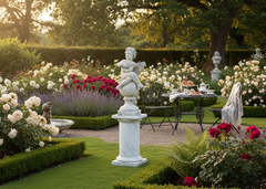 Garden scene with statues, tables, and flowers in a well-maintained garden.