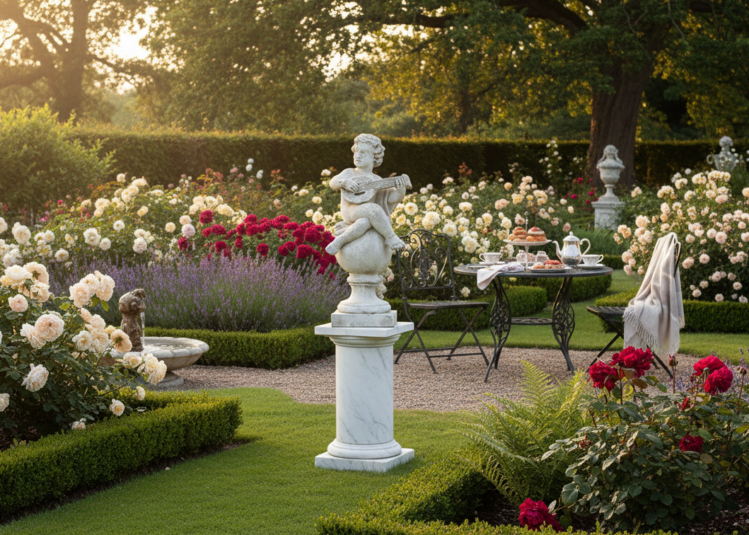 Garden scene with statues, tables, and flowers in a well-maintained garden.