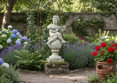 Statue in a garden with flowers and plants