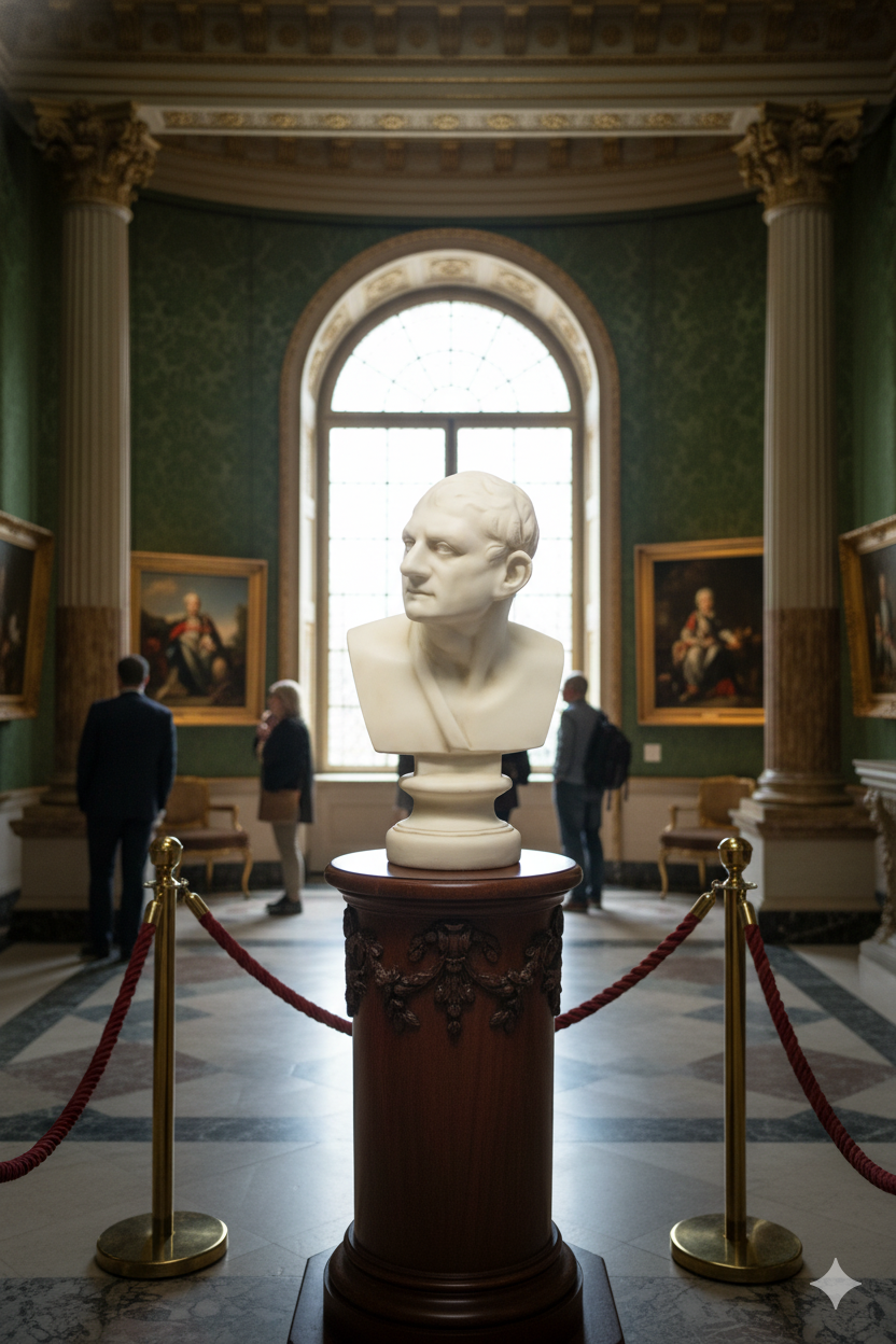 Bust on a pedestal in a grand room with paintings and columns