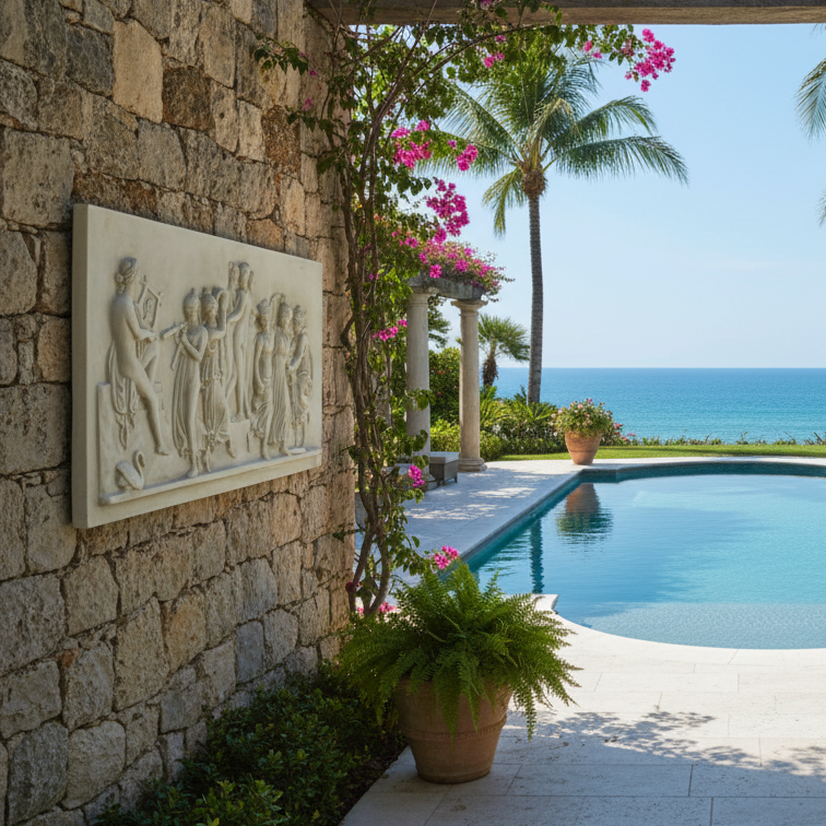 Decorative wall plaque on a stone wall next to a pool with ocean view