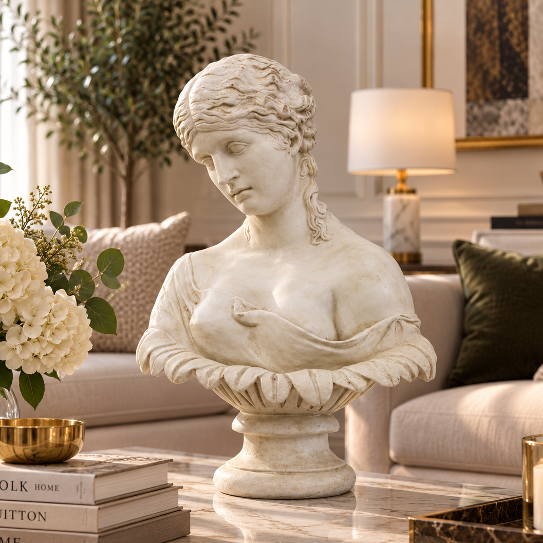 An off-white classical-style bust sculpture of a woman with draped fabric, displayed on a marble coffee table in a beautifully decorated living room.