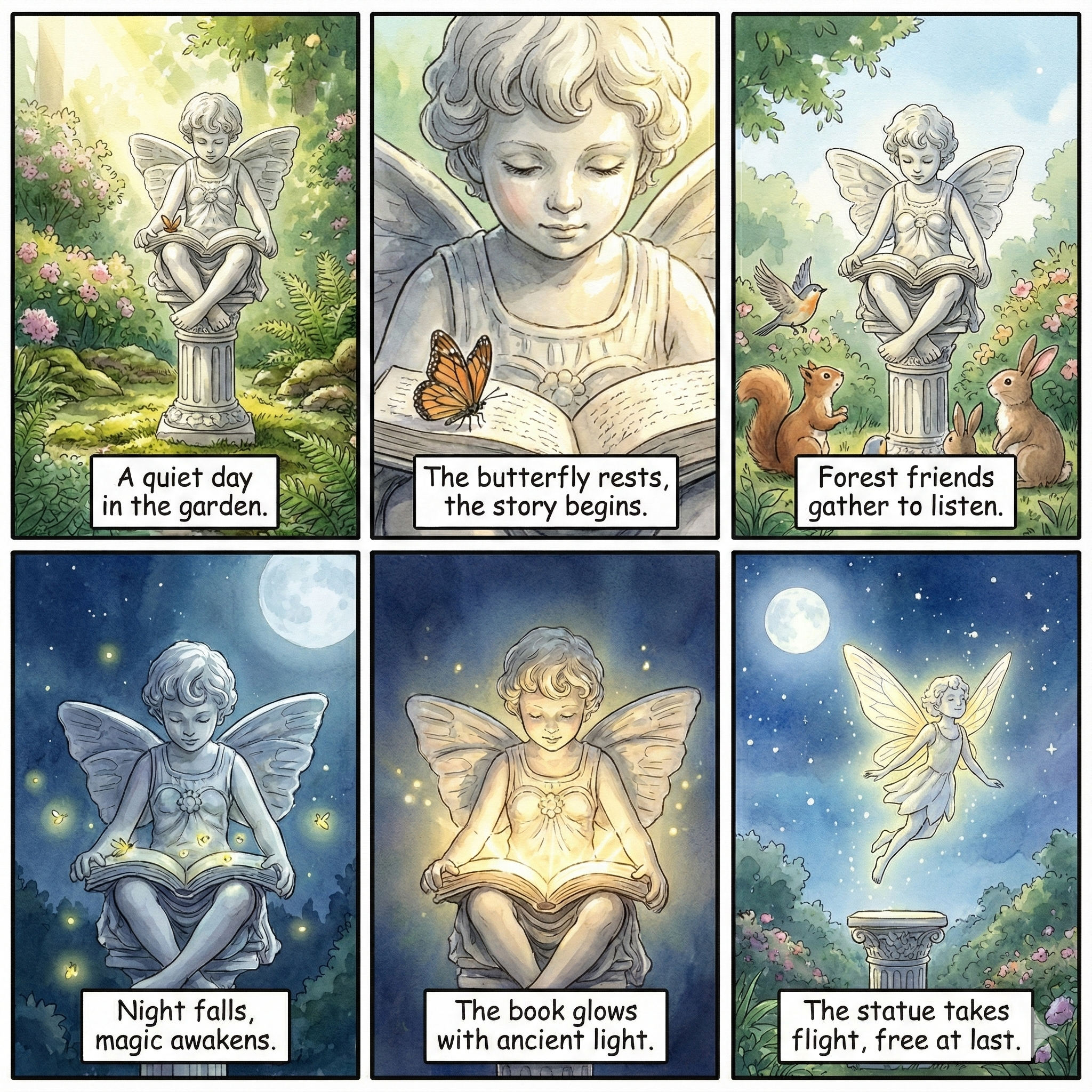 Comic strip of a fairy statue in a garden, reading a book, and then taking flight.