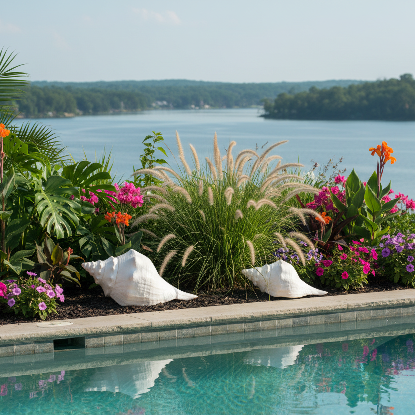 Conch Shell Garden Animal Statue (Antique White) Poolside garden with flowers and plants by a lake