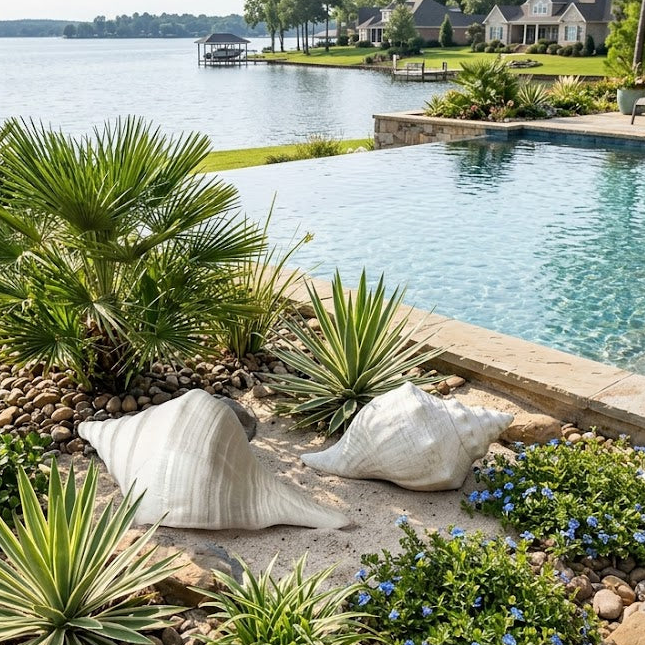 Pool area with landscaping, chairs, and a view of a lake.