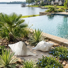 Pool area with landscaping, chairs, and a view of a lake.
