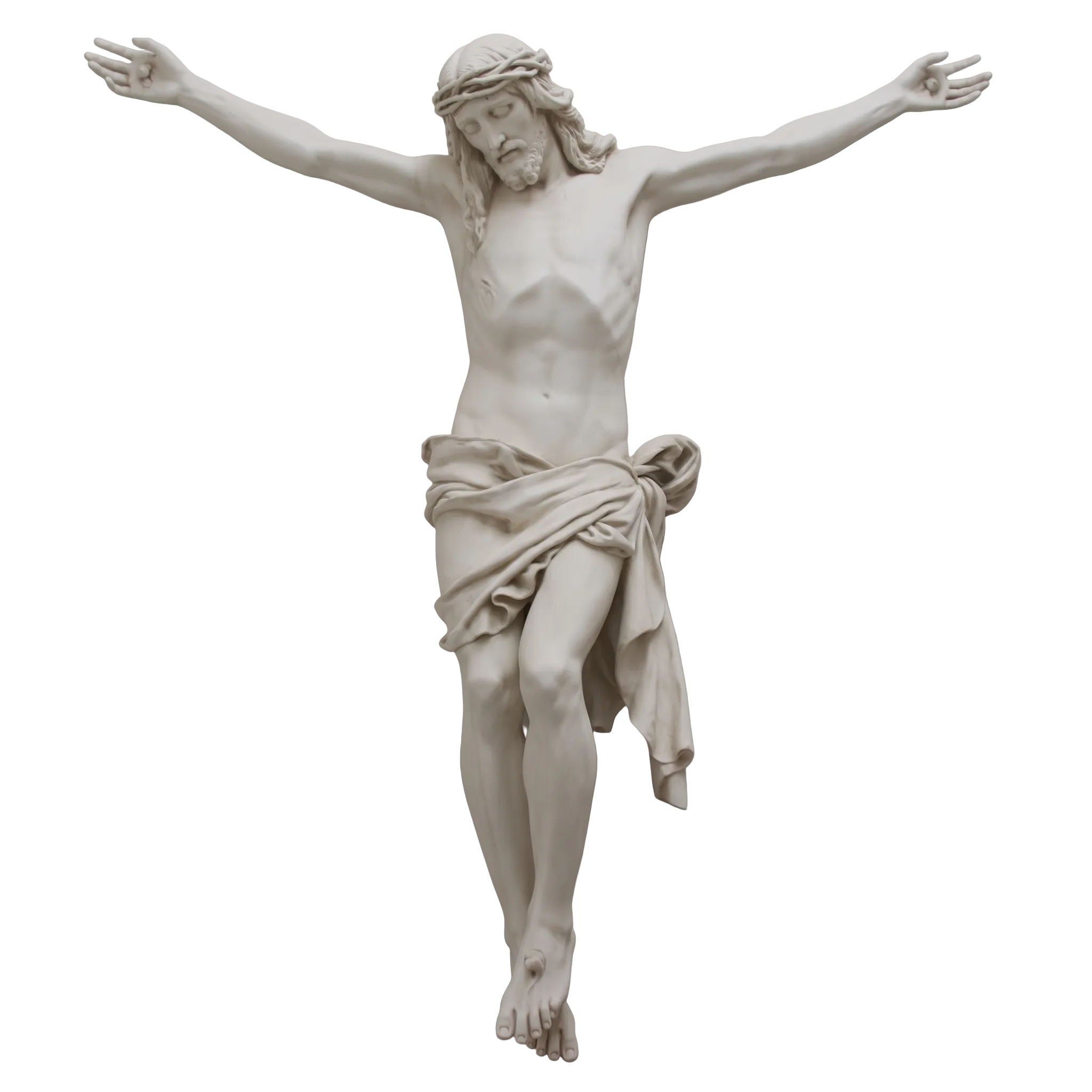 Statue of a crucified figure on a plain background