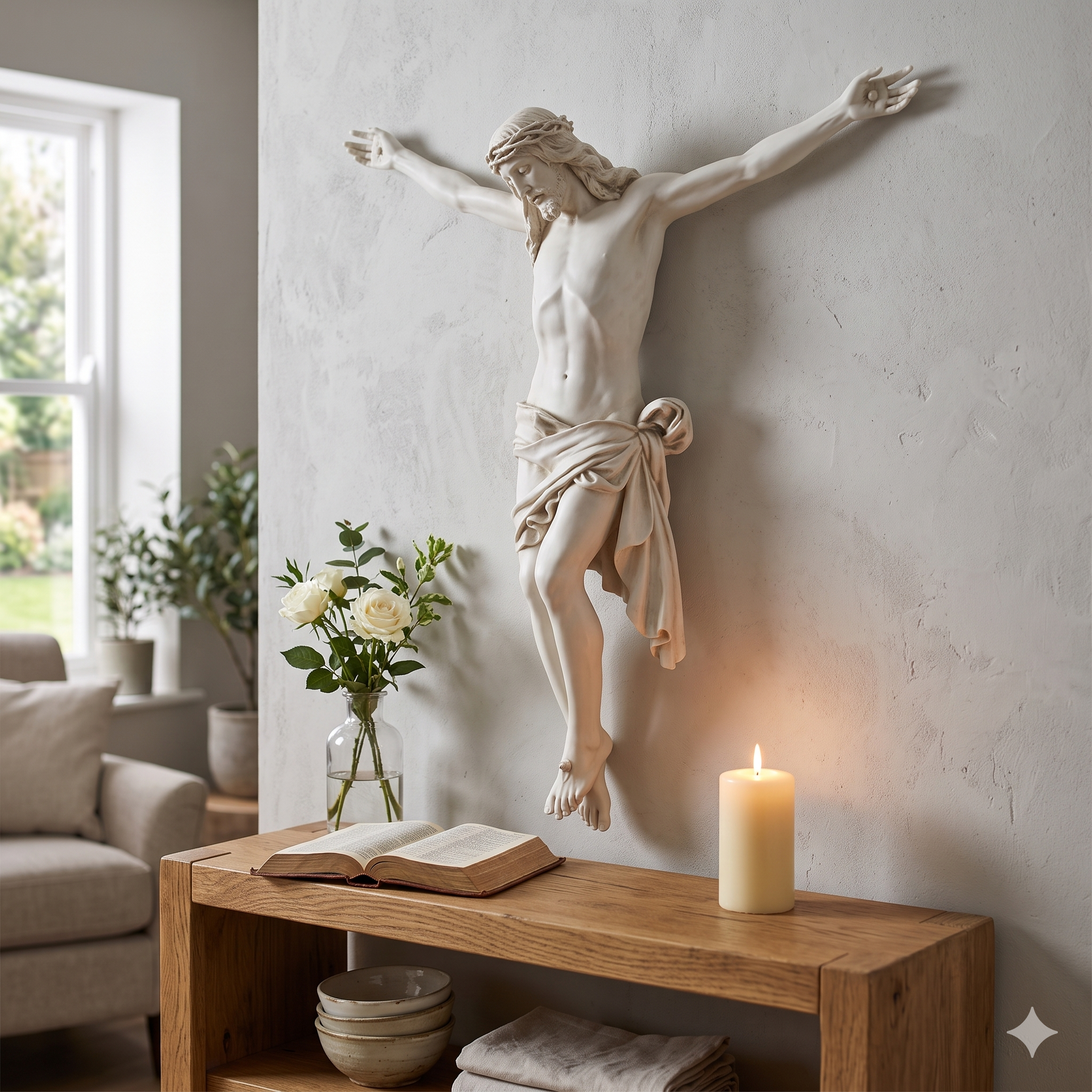 Statue of Jesus on the cross above a wooden table with a candle and open book in a room.