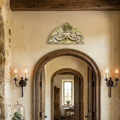 Stately hallway with stone walls, wooden arches, and decorative elements.