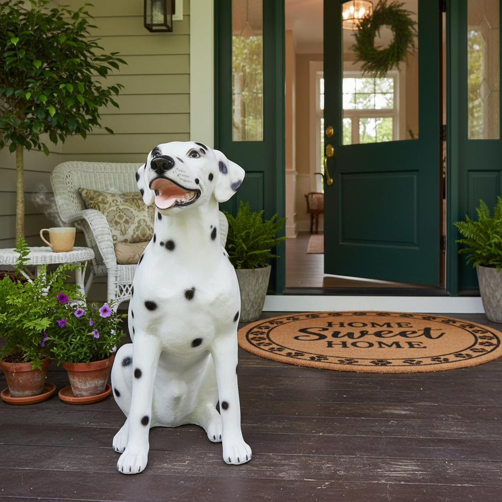 Decorative Dalmatian statue on a porch with a 'Home Sweet Home' doormat.