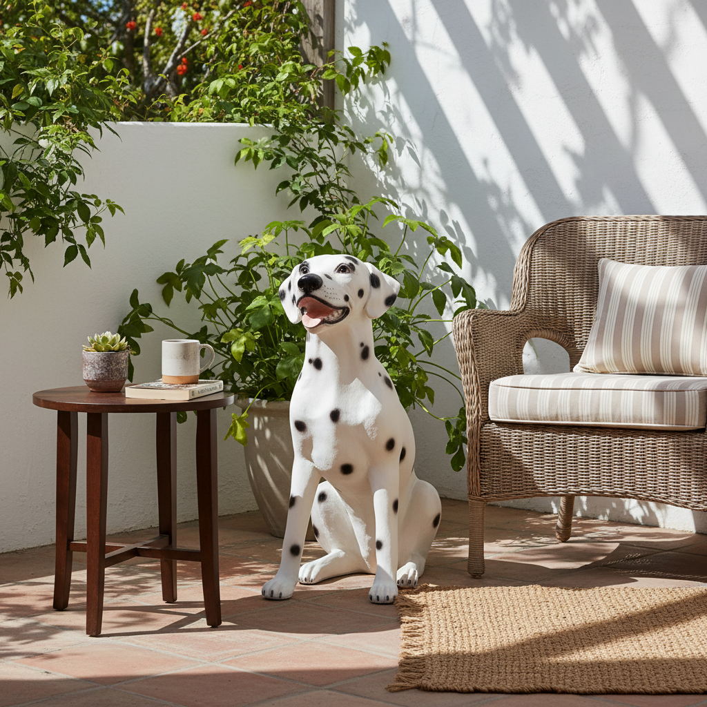Dalmatian dog statue in a sunlit outdoor setting with plants and furniture.