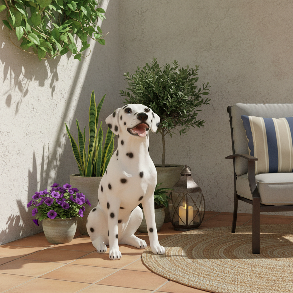 Dalmatian dog sitting on a patio with plants and outdoor furniture.