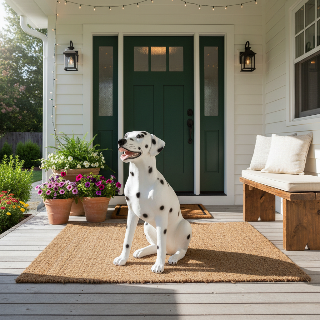 Dalmatian dog sitting on a doormat in front of a green door with potted plants and a bench.