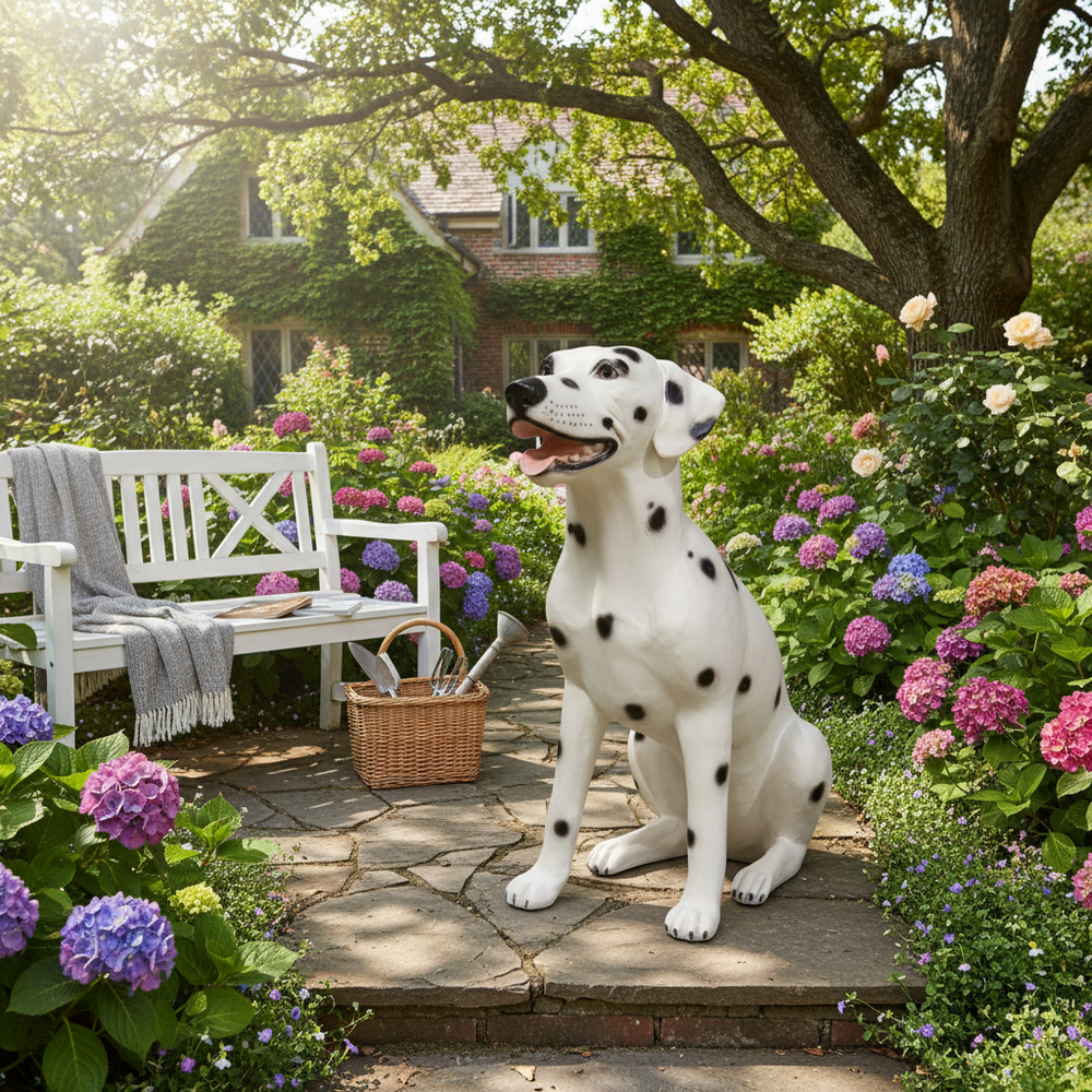 Dalmatian dog sitting on a stone path surrounded by flowers and a white bench.