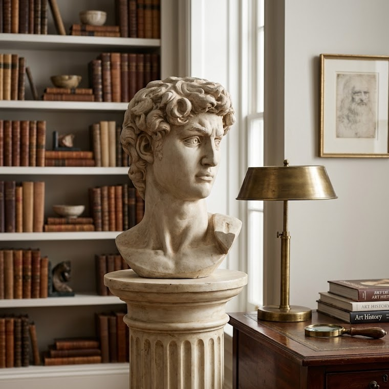 Bust on a pedestal in a room with books and a lamp