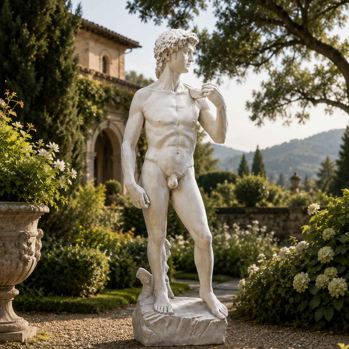A large white classical-style male statue stands outdoors in a landscaped garden with trees, shrubs, flowers, a stone building, and hills in the background.