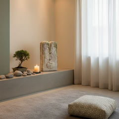 Peaceful interior setting with a statue, candle, and bonsai tree on a shelf.