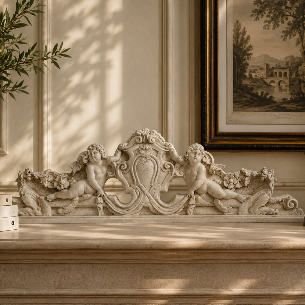 Decorative mantel with sculpture, books, and candle in a home setting