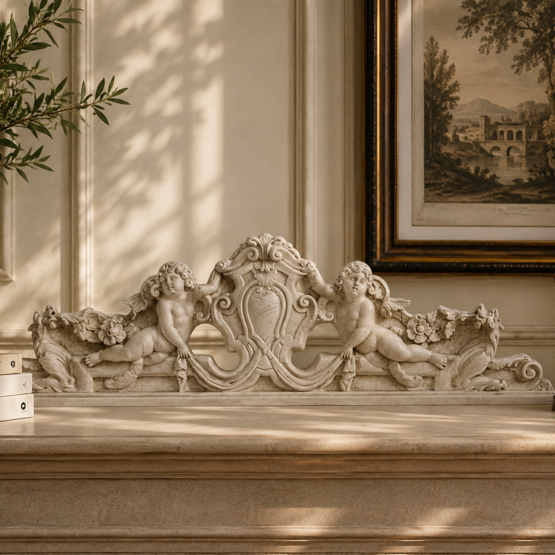 Decorative mantel with sculpture, books, and candle in a home setting