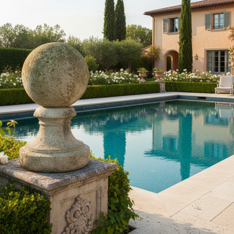 Pool area with decorative stone sphere, flowers, and a house in the background
