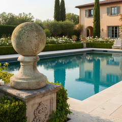 Pool area with decorative stone sphere, flowers, and a house in the background