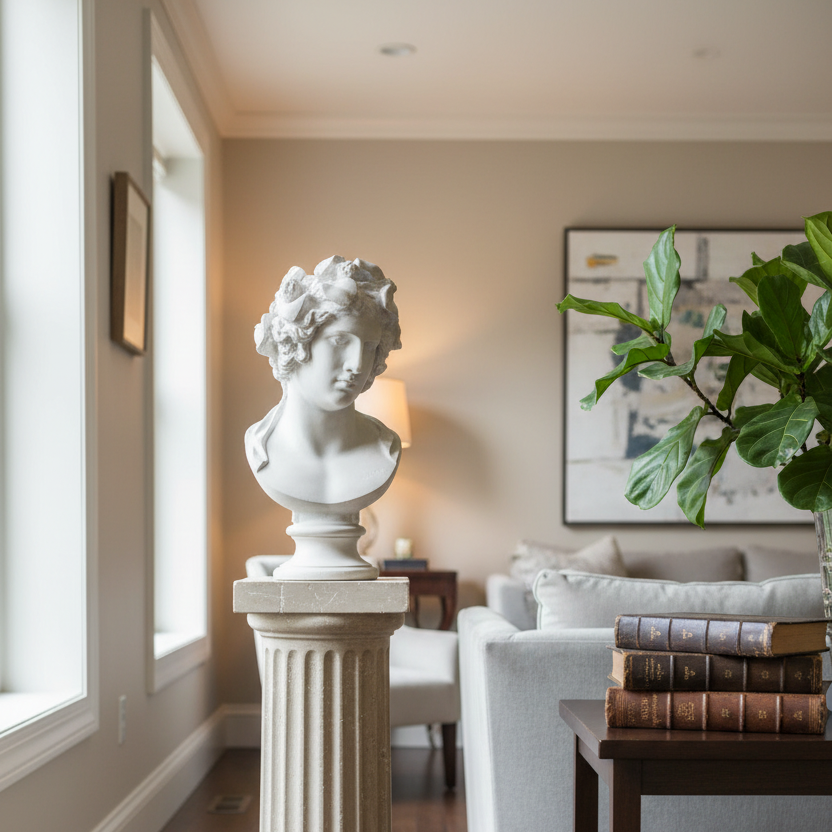 Dionysian Majesty: Dionysus Greek Statue Living room with a classical bust on a pedestal, books, and a plant.