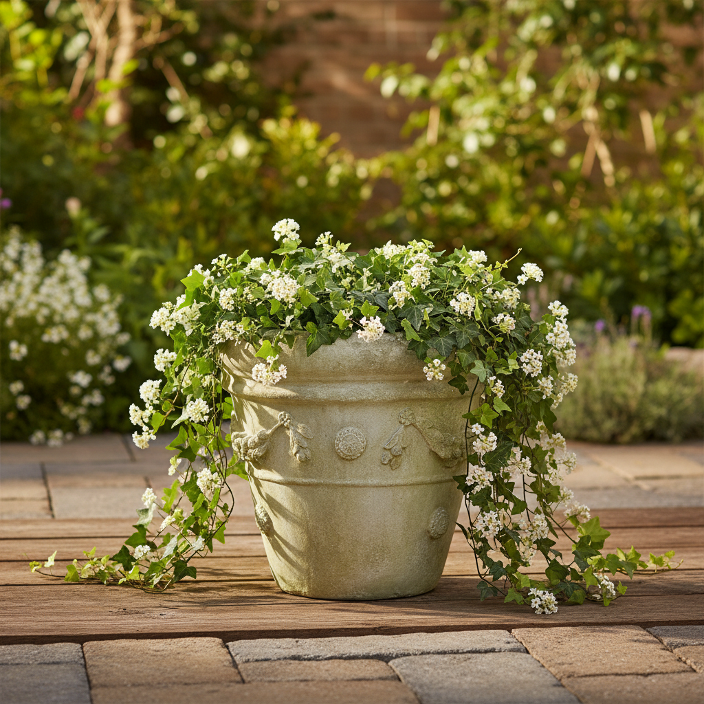 Decorative stone planter with white flowers on a wooden patio