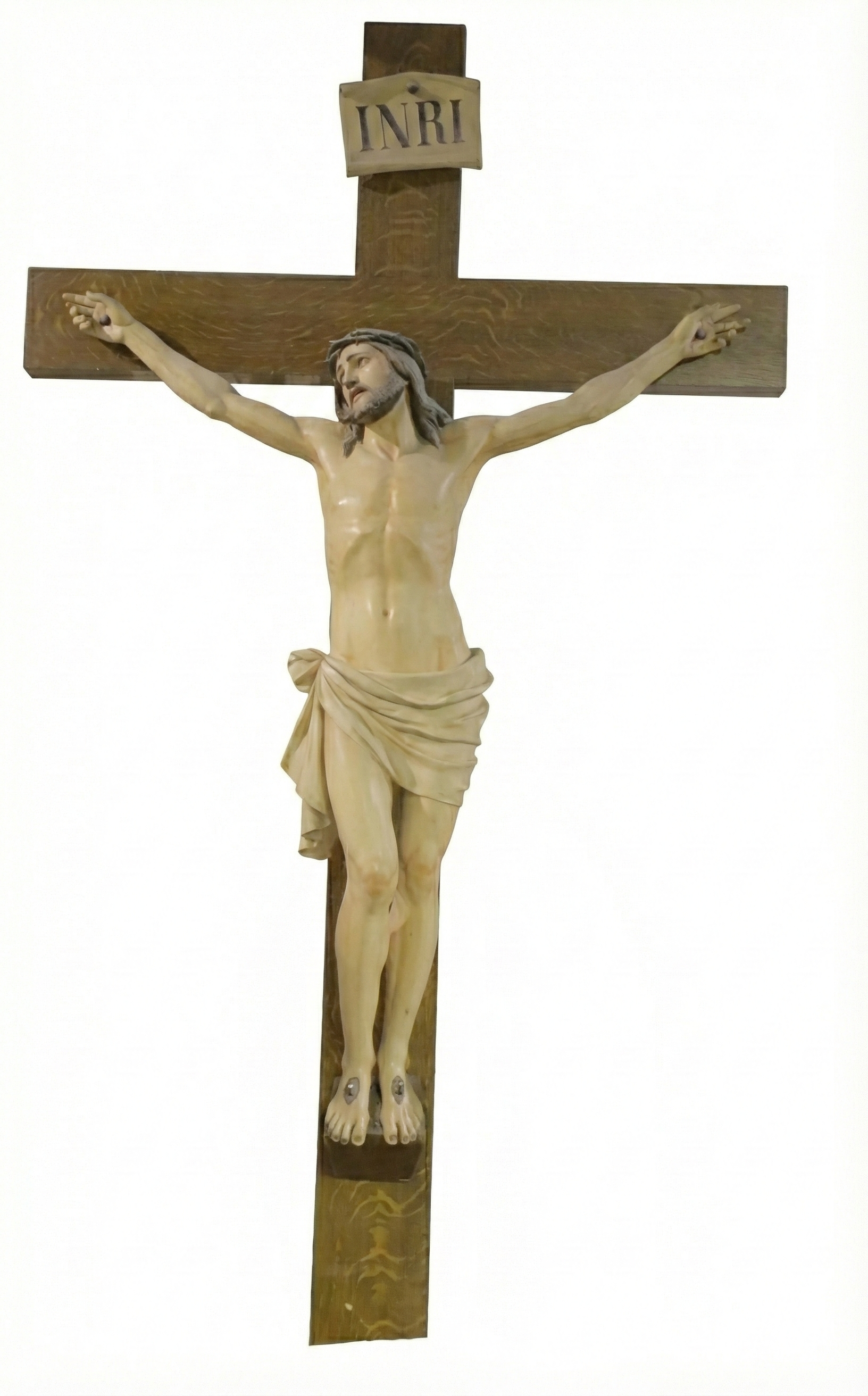 Divine Calvary - A Sacred Religious Sculpture Statue Depicting Jesus on the Cross with Mary by His Side