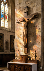 Divine Calvary - A Sacred Religious Sculpture Statue Depicting Jesus on the Cross with Mary