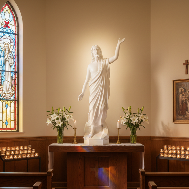 Statue of a religious figure in a chapel with stained glass windows and pews.