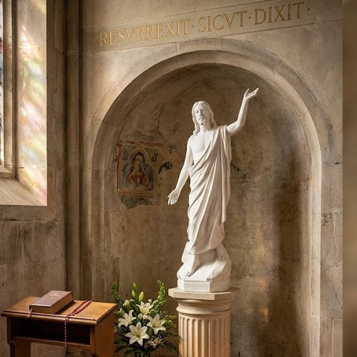 Statue of a religious figure in a church setting with candles and flowers.