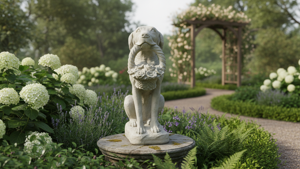 Dog Garden Statue – Charming Floral Basket Animal Sculpture
