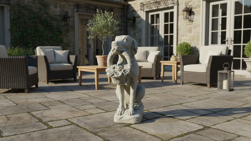 Dog with Flower Basket – Handcrafted Garden Animal Statue