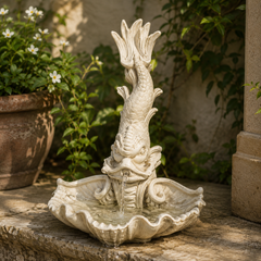 Decorative stone water fountain with fish design in a garden setting