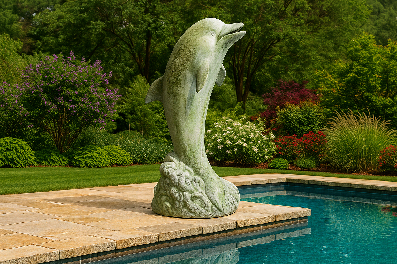 Statue of a dolphin by a pool with greenery in the background