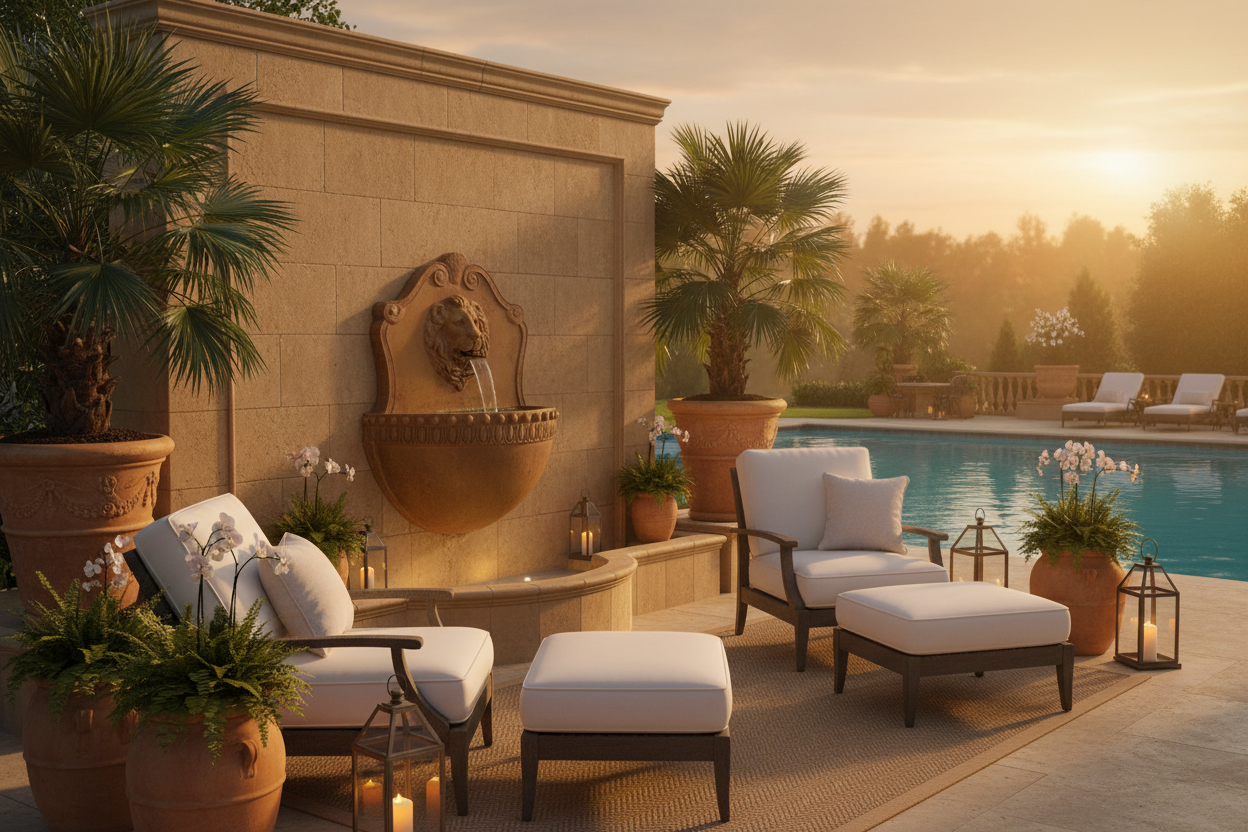 Outdoor patio area with chairs, ottomans, and a fountain against a sunset sky.