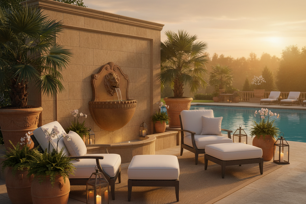 Outdoor patio area with chairs, ottomans, and a fountain against a sunset sky.