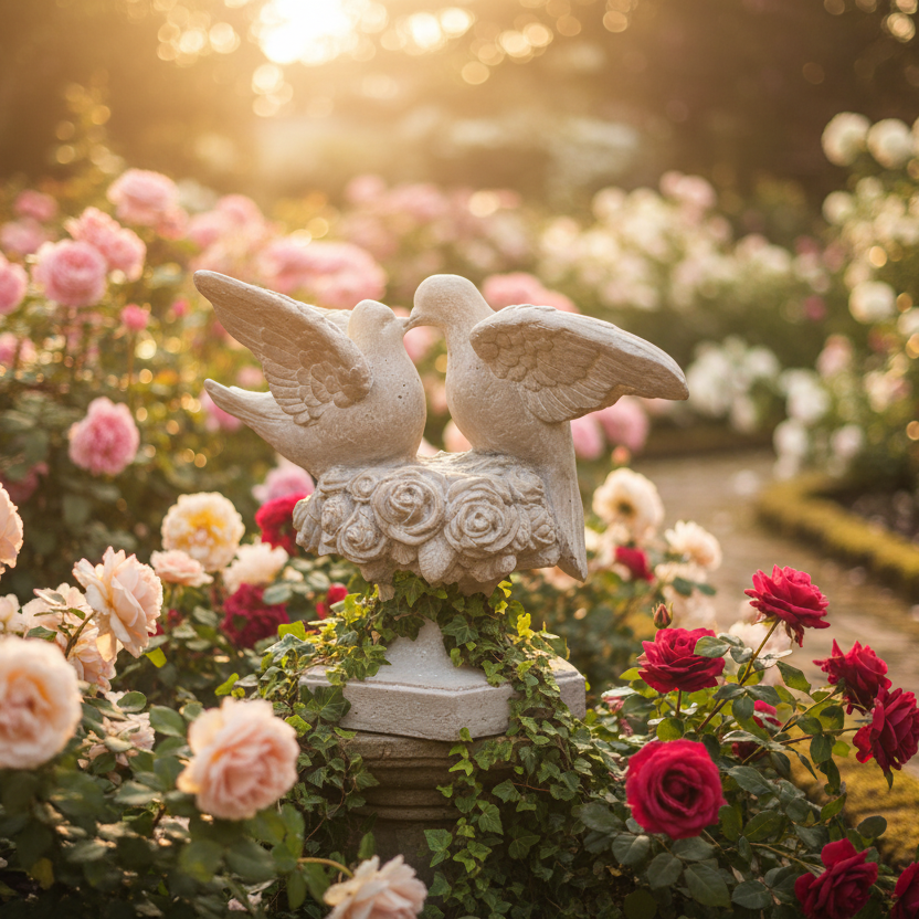 Decorative stone swans surrounded by flowers in a garden setting