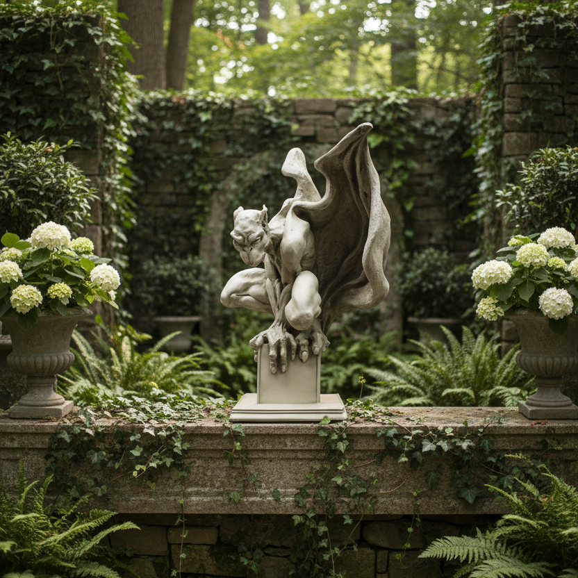 Gargoyle statue in a garden setting with flowers and stone pathways