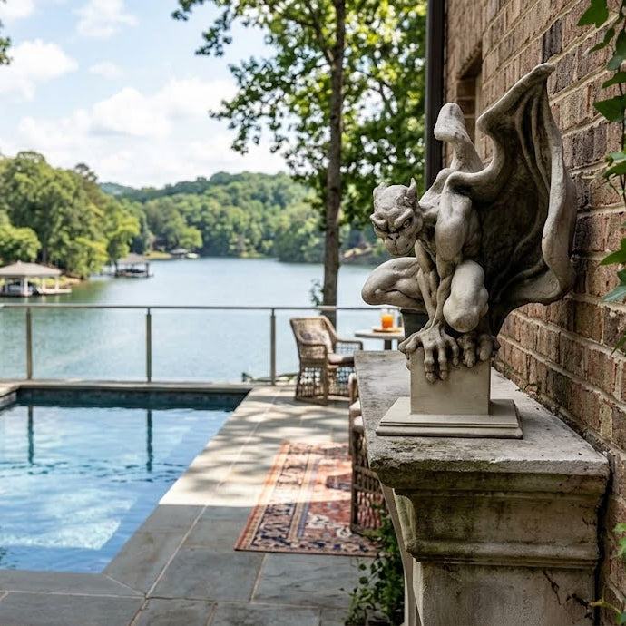 Gargoyle statue by a pool with a scenic lake view