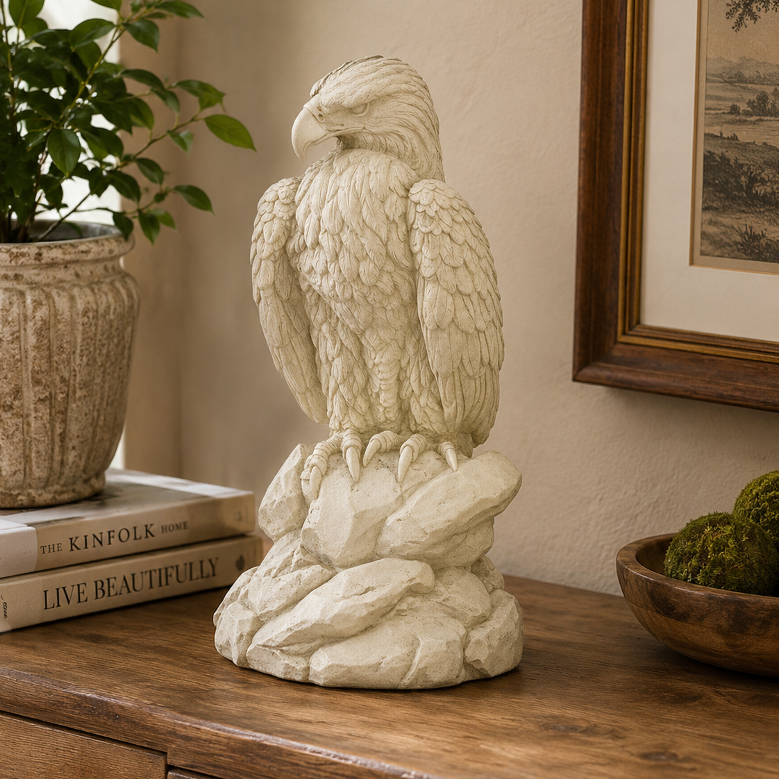 Decorative eagle statue on a wooden surface with books and a plant in the background