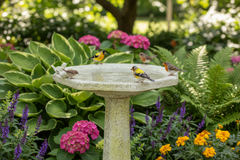 Birds perched on a stone bird bath surrounded by flowers and greenery