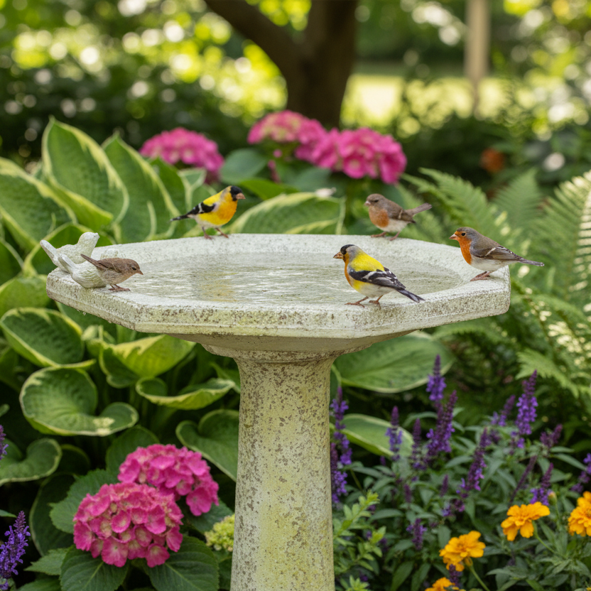 Birds perched on a stone bird bath surrounded by flowers and greenery