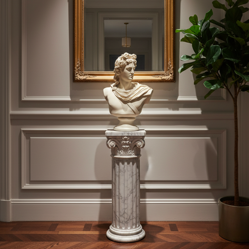 Bust on a marble pedestal in front of a gold-framed mirror on a wall.