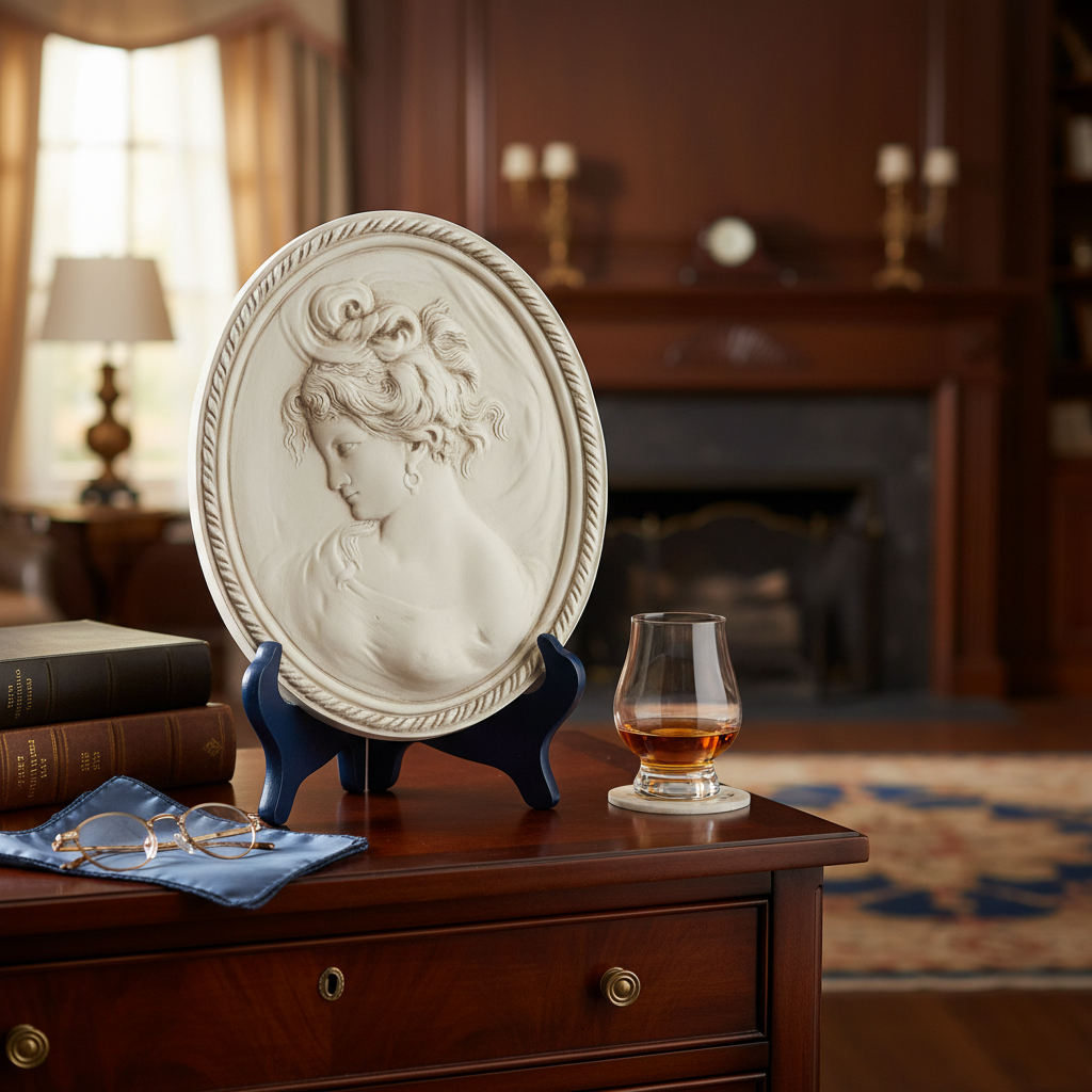 Decorative plaque of a woman's profile on a wooden table with a glass of whiskey.