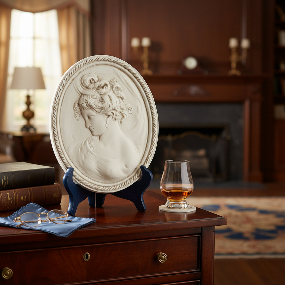 Decorative plaque of a woman's profile on a wooden table with a glass of whiskey.