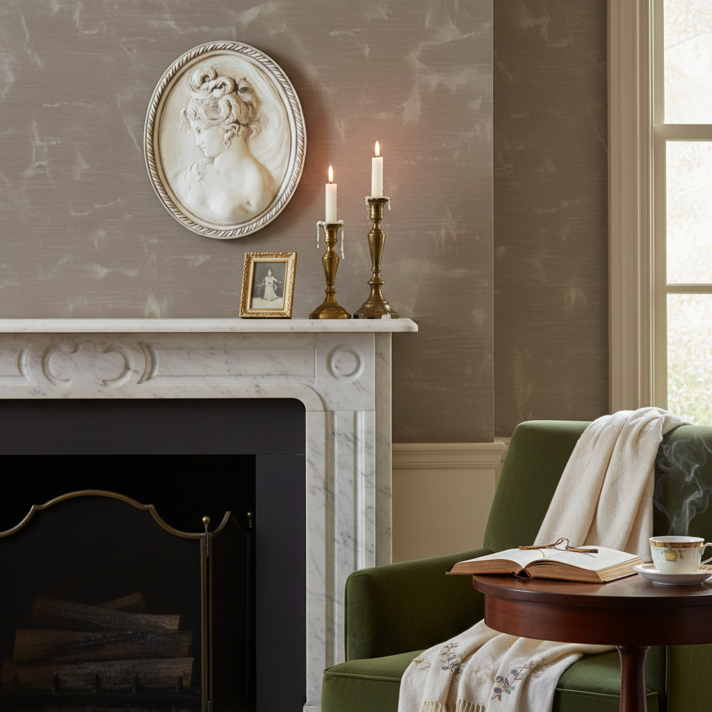 Cozy living room with a fireplace, green armchair, and small table with a book and cup.