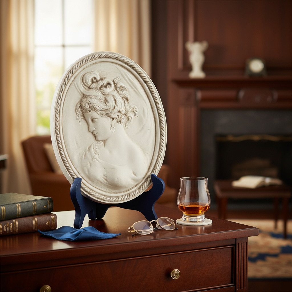 Decorative plaque of a woman's profile on a stand with a glass of whiskey and books in a cozy room.