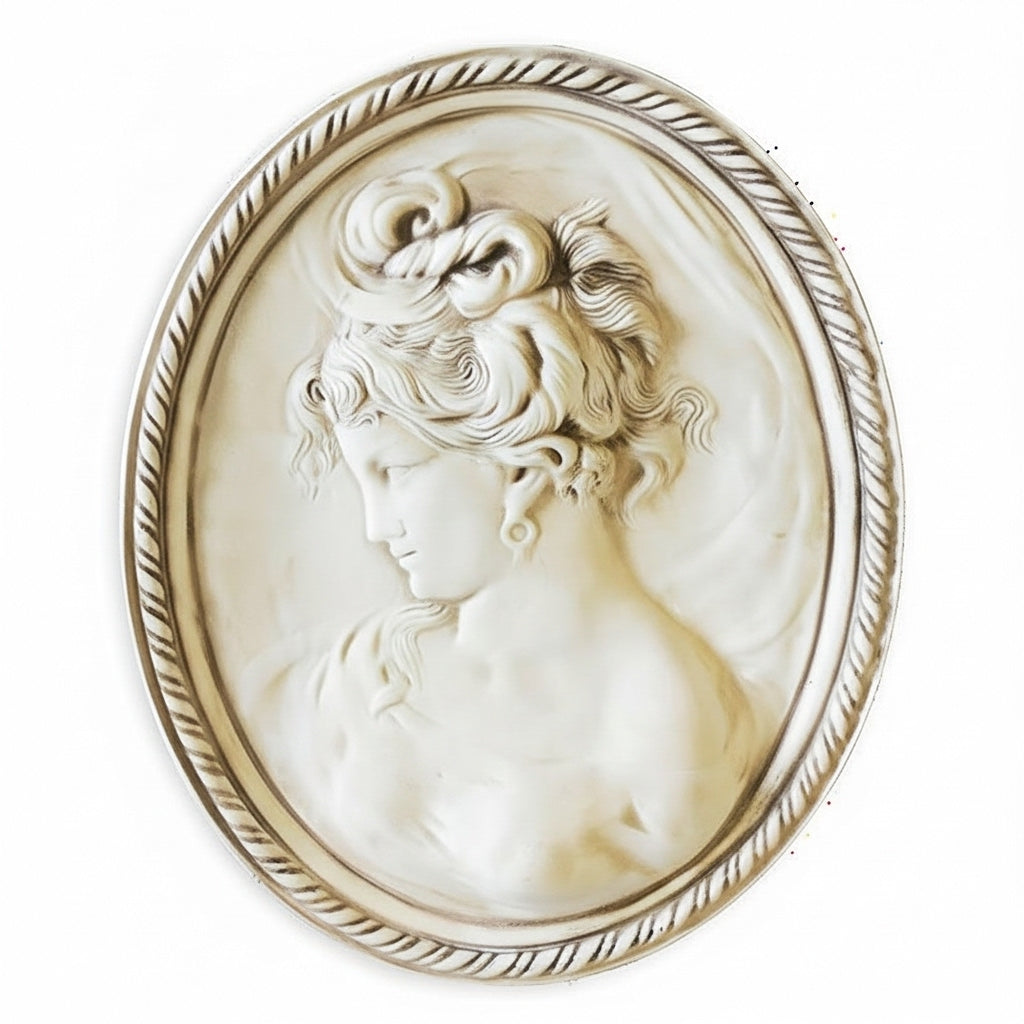 Cameo with a profile portrait of a woman on a white background