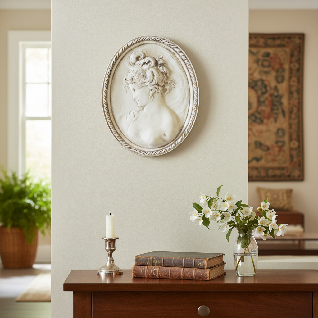 Decorative wall piece above a wooden table with books and flowers